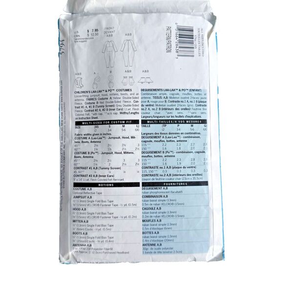 Vtg BUTTERICK 5794 Sewing Pattern TELETUBBIES LaLa Po Costume Kids 2-4 Halloween - Picture 3 of 5